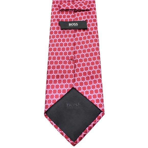 HUGO BOSS Classic 100% Silk Geometric Red Pink Stripe Neck Tie - Made In Italy - Picture 3 of 3